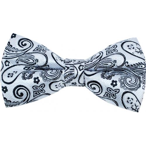 Classico Italiano Silver Grey / Black Paisley Design 100% Silk Bow Tie / Hanky Set